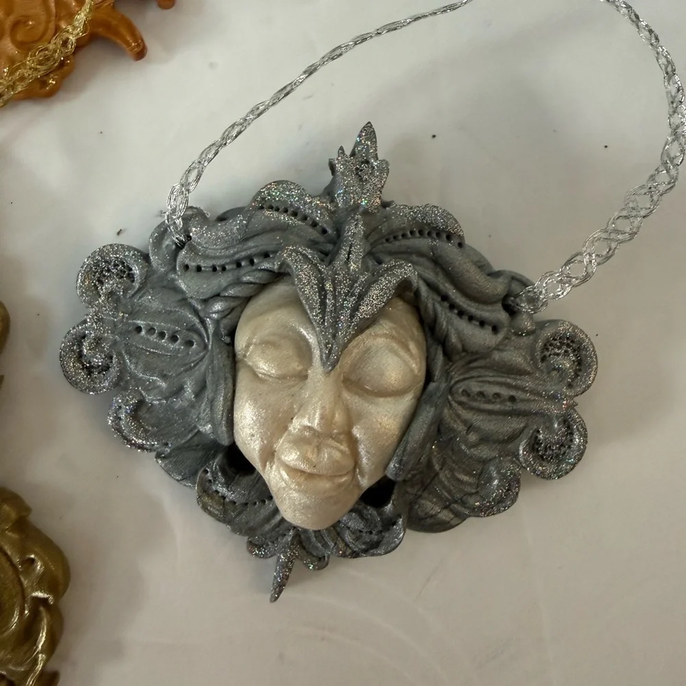 Set of 3 Polymer Hand crafted holiday Mask & faces Ornaments drama gold silver